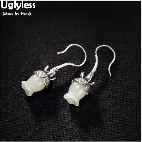 Uglyless Lily of the Valley Flower Earrings for Women Handmade White Jade Earrings Solid 925 Silver Fine Jewelry Thai Silver