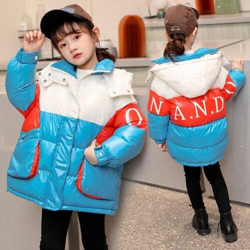 Winter Snowsuit Fashion Kids Girls Cotton Padded Jacket Teenage Windproof Shiny Hooded Coat Children Clothes 3 6 8 10 12 13 Year