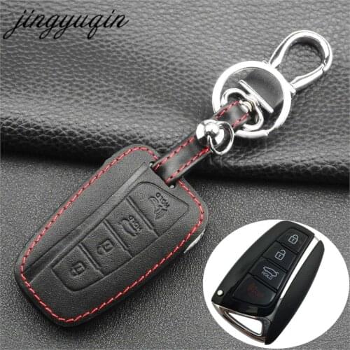 Jingyuqin Smart Leather Key Case for Hyundai Genesis 2013-2015 Santa Fe Equus Azera 4 Buttons Remote Key Cover