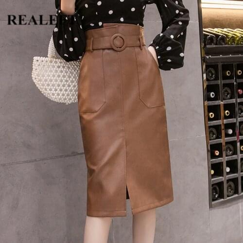 REALEFT Autumn Winter Sashes Women PU Leather Sheath Midi Skirts High Waist Knee-Length Wrap Skirts with Pocket Saia Female