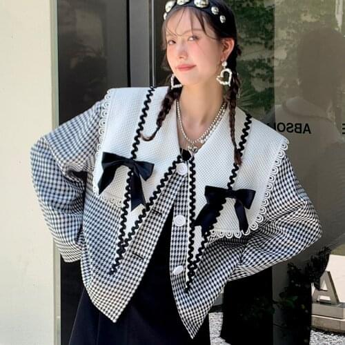 D1L05 small design sense lady plaid V word tip collar lace bow stitching blouse coat