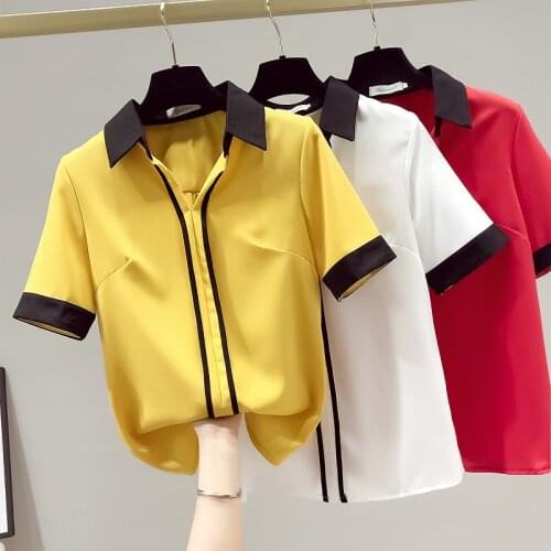 Womens Blouses Summer Elegant V-Neck Office Lady Wear Blouse Basic Chiffon Patchwork Tops Shirt White Short Sleeve 2021