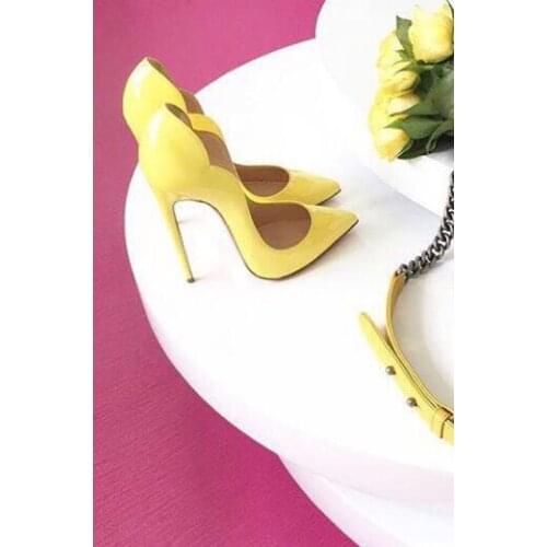 Moraima Snc Pointed Toe High Heel Shoes Sexy 12/10cm Thin Heels Party Dress Shoe Woman Stileto Heels Yellow