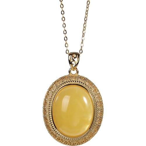 S925 sterling silver gold-plated natural amber pendant retro national trend simple egg noodles for women pendant