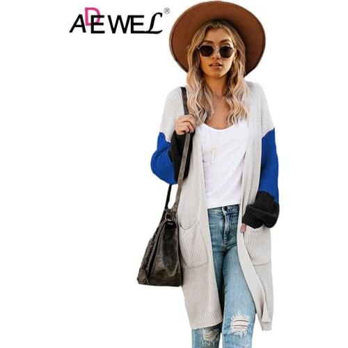 ADEWEL 2020 Plus Size White Cotton Blend Pocketed Colorblock Cardigan Autumn Winter Women Pull Laine Femme Hiver Truien Dames 2X