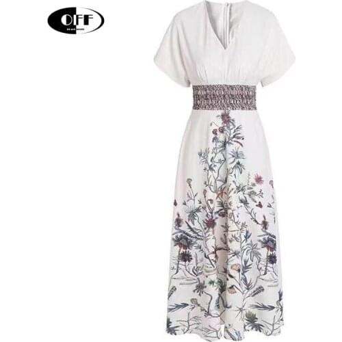 Designer Runway Women Summer Plus size Dress Vintage Printed V-neck Elastic High Waist Vacation Lady Dresses Vestidos de mujer