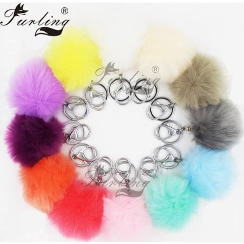 Furling 1PC Silver Plated 8CM Faux Rabbit Fur Pom Pom Metal Hardware Key Chain