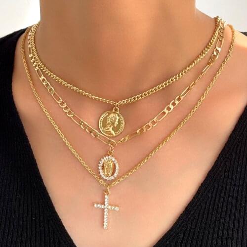 2021 New Vintage Multi-layer Portrait Coin Cross Necklace For Women Punk Golden Metal Coin Clavicle Chain Geometric Jewellery