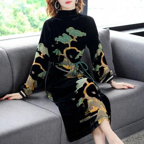 2021 Female Vintage Black Velvet Midi Dresses Autumn Winter 3XL Plus Size Long Sleeve Dress Elegant Women Bodycon Party Vestidos