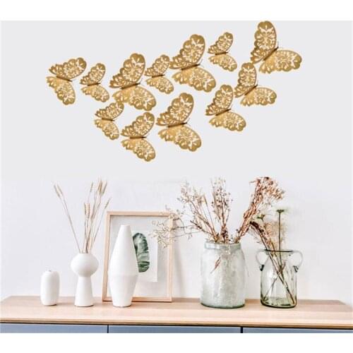 12Pcs/Set 3D Metal Texture Hollow Simulation Butterfly Wall Paste Living Bedroom Three-Dimensional Butterfly Home Decoratio