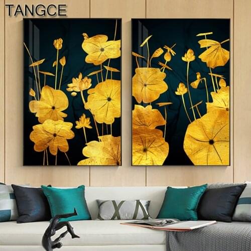Abstract Black Golden Canvas Painting Lotus Leaf Posters and Prints Big Wall Art Pictures for Living Room Gold Plant Decoration