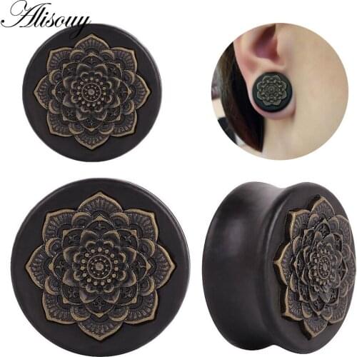 Alisouy 1 pair Black Natural Wood Mandala Flower Ear Plugs Tunnels Ear Expanders Earring Gauges Piercing Plug Ears Body Jewelry