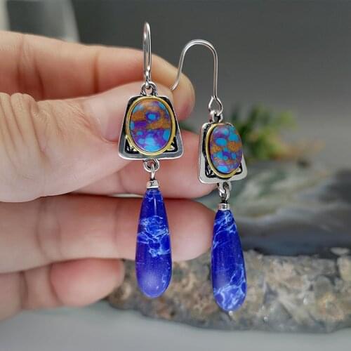 Bohemian Long Teardrop Navy Blue Stone Earrings Colorful Pattern Turquoises Jewelry Hanging Dangle Earrings for Women