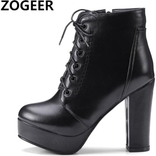 Fashion Ankle Boots For Women High Heels Lace-up Platform Motorcycle Boots Black Brown PU leather Short Shoes Woman Big Size