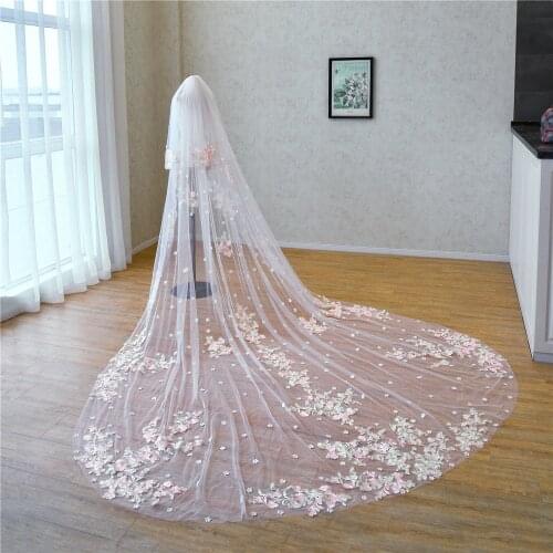 White Wedding Veils Long Lace Edge Romantic Pink Flowers Floral Two Layers Blusher Appliqued Bridal Veil Bride Accessories