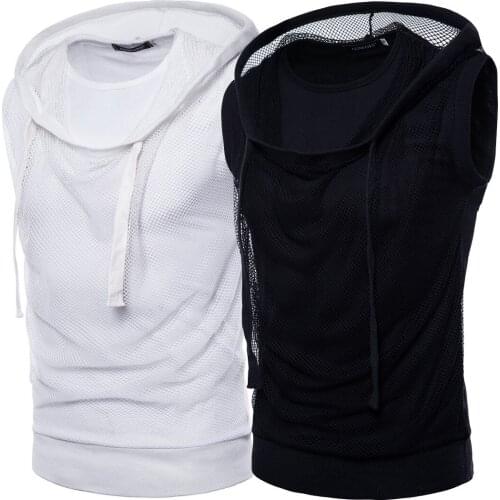 Summer New European Fashion Mesh Hooded Mens Sleeveless T-shirt Hip Hop T-shirt