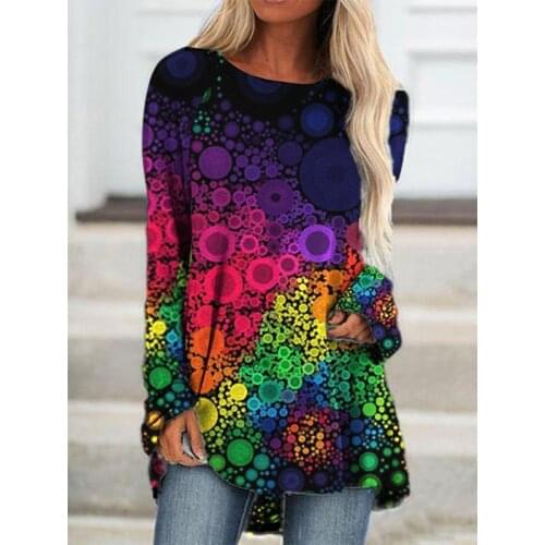 Abstract Fashion Print Loose Large Size Long-Sleeved T-Shirt Casual Round Neck Loose Top Abstract Printing T-Shirts Outfit