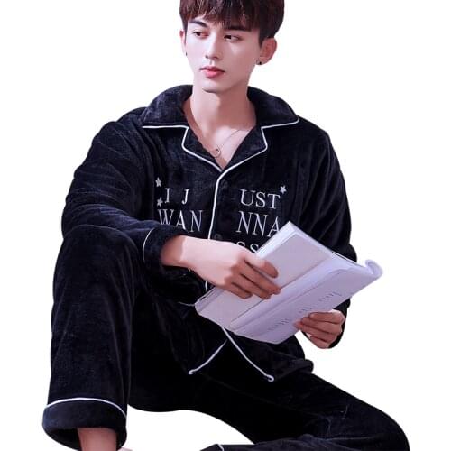 H5878 Men Pajamas Set Thickened Flannel Long Sleeve Coral Fleece Home Wear Suit Korean Plus Size Autumn Winter Simple Sleepwear