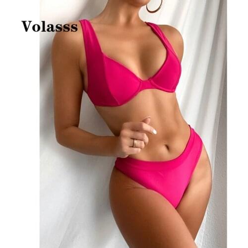 Gather Swimsuit New Sexy Womens Push Up Bikini Set Solid Color Lady Beach Swimwear Biquini High Waist Sling Bathing Suit Summer