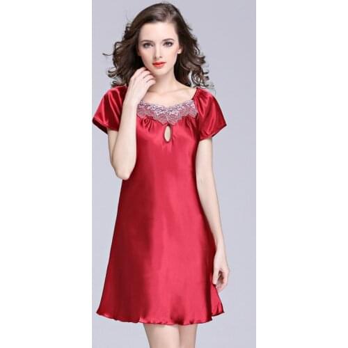 Women Sexy Nightwear Satin Nightshirts Silk Sleepwear Short Sleeve Sleepshirts Pink Nightdress Pius Size Night Wear Dress Gown