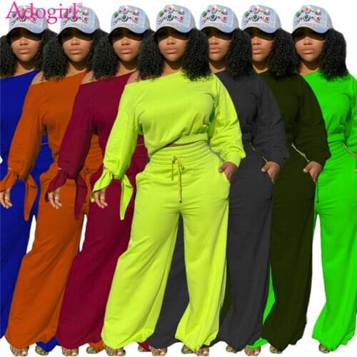 Adogirl 2020 Autumn Winter Women Solid Two Piece Set Off Shoulder Tie Long Sleeve Sweatshirt Top Wide Leg Pants Fashion Suits
