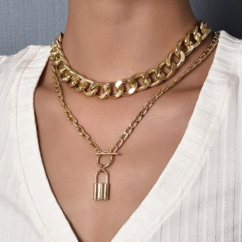 Uer Bohemia Thick Gold Chains T-bar Lock Pendnat Necklaces For Women Vintage Punk Alloy Layered Necklaces 2021 Fashion Jewelry