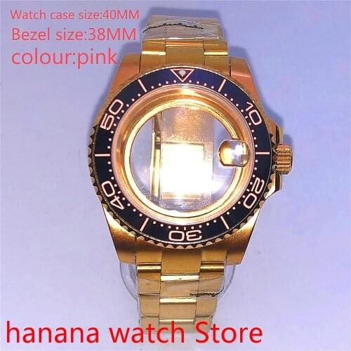 Suitable for NH35 36 Mingzhu2813 Miyata self-winding 40mm transparent back gold box series, with rotating bezel pink