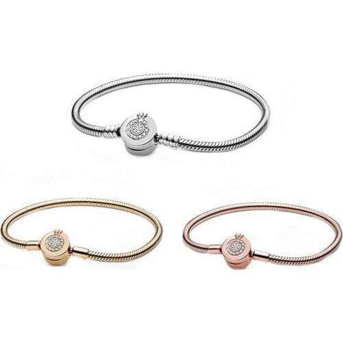 Signature Moments Sparkling Crown O Snake Chain Bracelet 100% Real 925 Sterling Silver Bracelet Fit European Charms Diy Jewelry