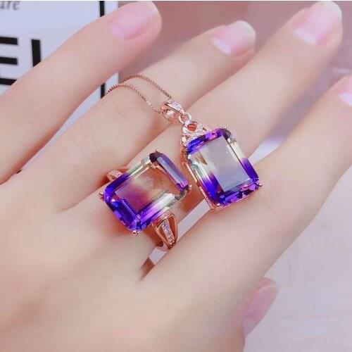 Real Natural Amethyst jewelry set Natural Real Amethyst 925 sterling silver 1pc pendant,1pc ring