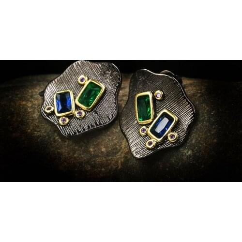 Vintage Female Blue Green Crystal Earrings Charm 14KT Black Gold Wedding Earrings For Women Dainty Geometry Small Stud Earrings