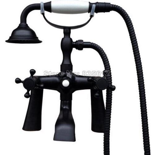 Bathroom Deck Mounted Black Oil Rubbed Bronze Clawfoot Bathtub Faucet W/ Telephone Style Handheld Shower Head Mixer Tap Wtf500
