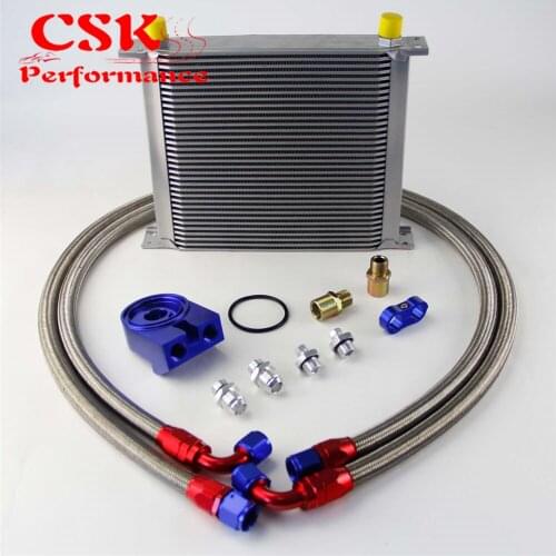 Universal 34 Row 248mm AN10 Engine Transmission Oil Cooler British Type + Aluminum Filter Adapter Kit Blue/Black