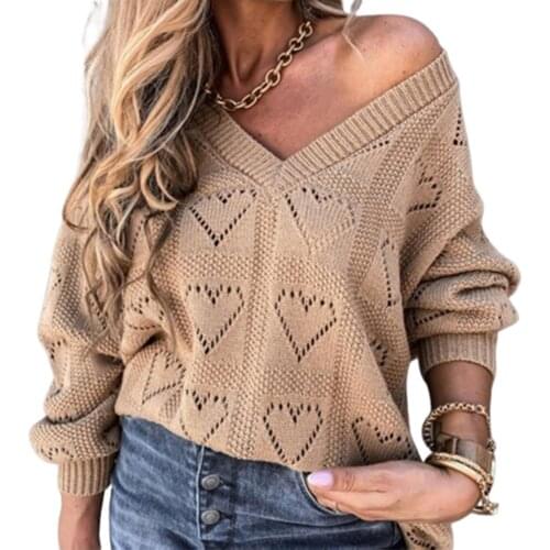 Knitted Sweater Europe And America Sexy Hollow Out Heart Shape Temperament Solid Color V Neck Pullover Long Sleeve Woman Tops