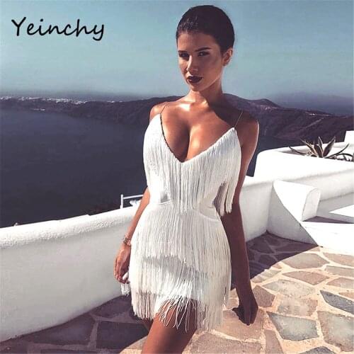 Yeinchy women sexy Short Fringe Deep v neck straps sleeveless tassel bodycon dress FM6033