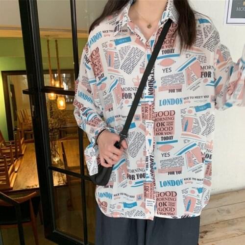 Women Vintage Cartoon Print Blouse Button Lapel Shirts Casual Loose Single-breasted Long Sleeve Shirt Tops Clothing Blouses