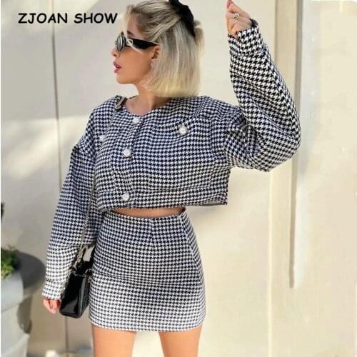 2021 Vintage Women Pearl Button Check Gingham Plaid Tweed Blazer High Waist A line Mini Short Skirts Long Sleeve Suits 1 Set