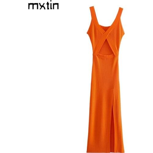 MXTIN 2021 Women Summer Fashion Solid Split Midi Dress Vintage V-Neck Sleeveless Backless Female Sexy & Club Dresses Mujer