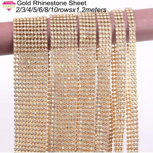 RESEN 2/3/4/5/6/8/10rows Hotfix Gold Crystal AB Rhinestone Trimings Flatback Crystal Trims with Glue Gold Base Rhinestone Trim