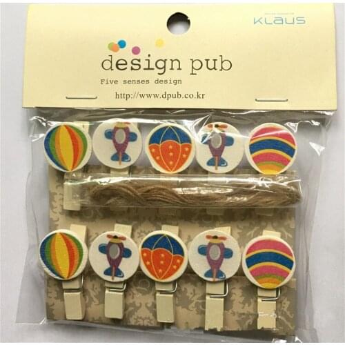 10pcs/lot Cute Hot Air Balloon Wooden Clip Photo paper Clothespin Craft Clips Party Decoration Clip with Hemp Rope