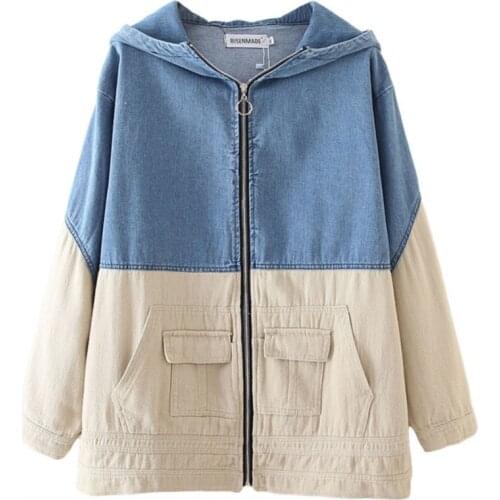 Women Spring Coat Lady Long Sleeve Jean Jacket Woman Hooded Denim Splice Coats Plus Size Casual Fashion S6-9605