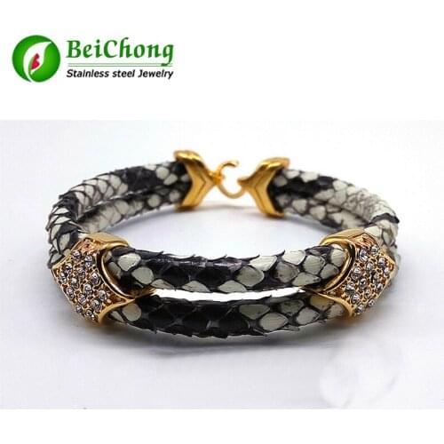 10Pcs Fashion Python Skin Snake 5MM Men with Stainless Steel BOX Circle Bangle Bracelet For Watch Gift