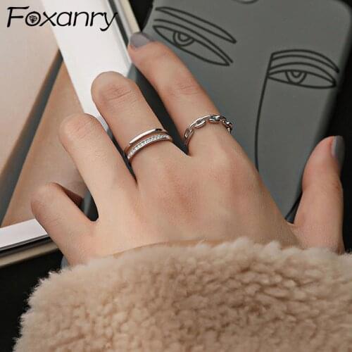 Foxanry 925 Sterling Silver Zircon Rings Fine Jewelry for Women Couples New Trends Simple Chain Geometric Party Accessories Gift