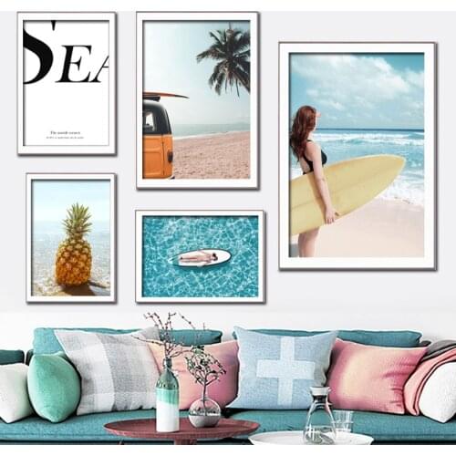 Nordic Home Decor Poster Seascape Landscape Canvas Prints Woman Surfing Beach Sea Pictures for Home Design Frameless Wall Art