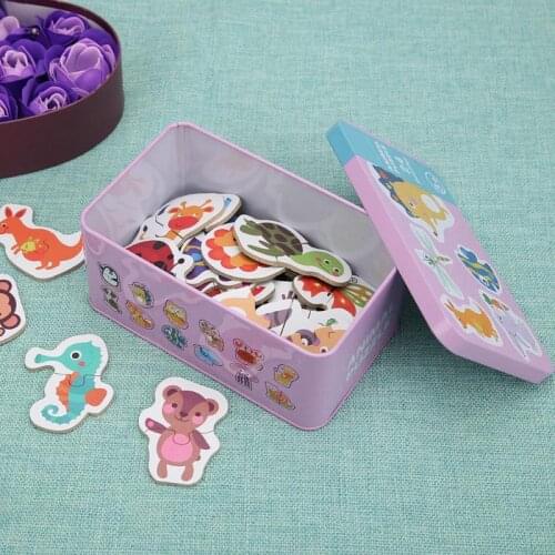 Kids Cognition Puzzles Toys Wooden Cartoon Cognition Puzzles Toys Baby Iron Box Cards Matching Education Toys for Children