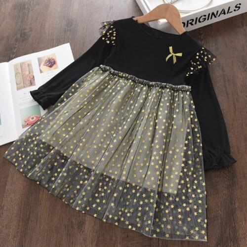 Girls Star Mesh Dress Kids Girl Long Sleeved Sequin Dress Baby Girl Princess Birthday Party Clothes Kids Clothes