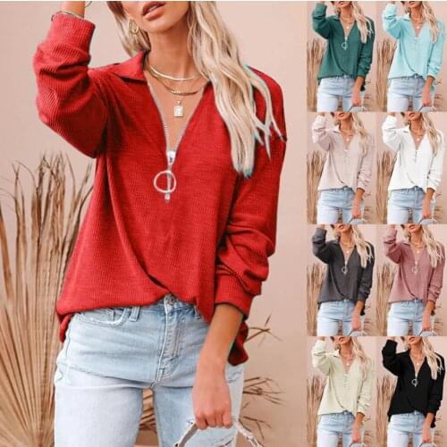 European and American womens new casual pure color loose zipper V collar long sleeve large size loose pit stripe T-shirt