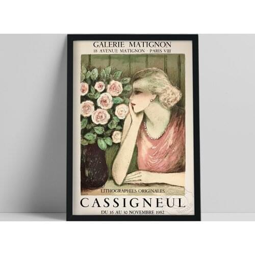 French Painter Jean-Pierre Cassigneul Picture, Galerie Matignon Exhibition Poster, Elegant Woman Oil Painting, Flower Leaf Decor