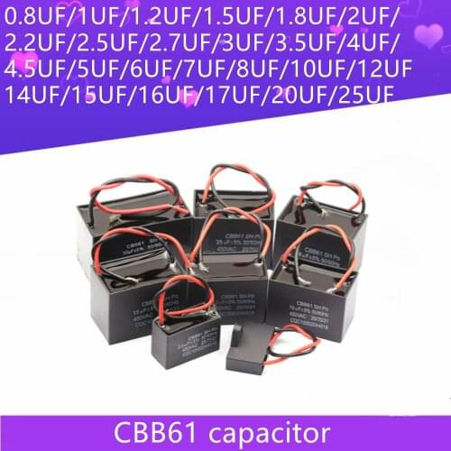 Fan Start Capacitor CBB61 Ceiling Fan range Hood 450V 0.8/1/1.2/1.5/1.8/2/2.2/2.5/2.7/3/3.5/4/5/6/7/8/10/12/14/15/17 /20/25UF