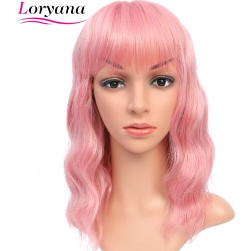 Loryana Short Wavy Wigs for Black Women African American Synthetic Pink Hair Bob Wigs with Bangs Heat Resistant Cosplay Wig