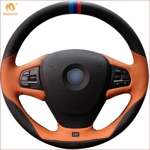 MEWANT Black Leather Orange Leather Car Steering Wheel Cover for BMW F25 X3 2011-2017 F15 X5 2014 Interior Accessories Parts
